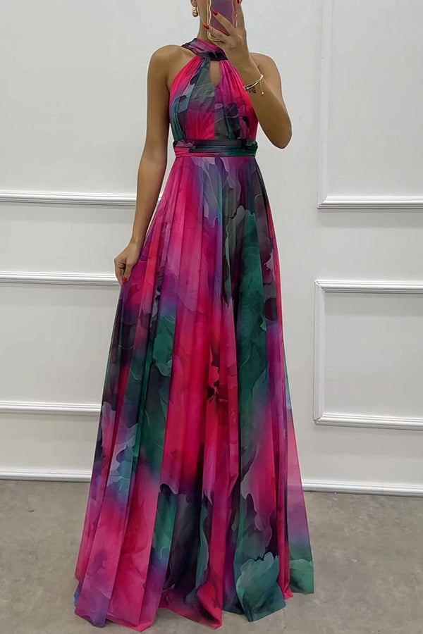 Elaine - Tulle maxi dress with floral print, cut-outs and halterneck