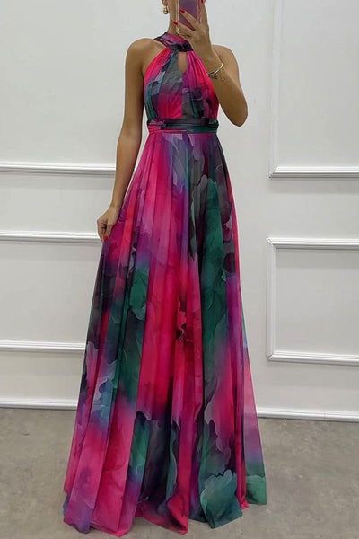 Elaine - Tulle maxi dress with floral print, cut-outs and halterneck