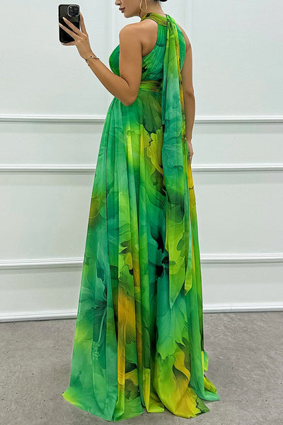 Elaine - Tulle maxi dress with floral print, cut-outs and halterneck