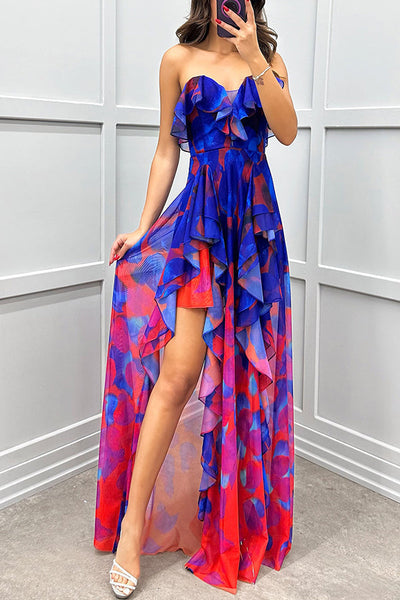 Georgia - Off-the-shoulder maxi dress with color gradient, print, flounces and slit