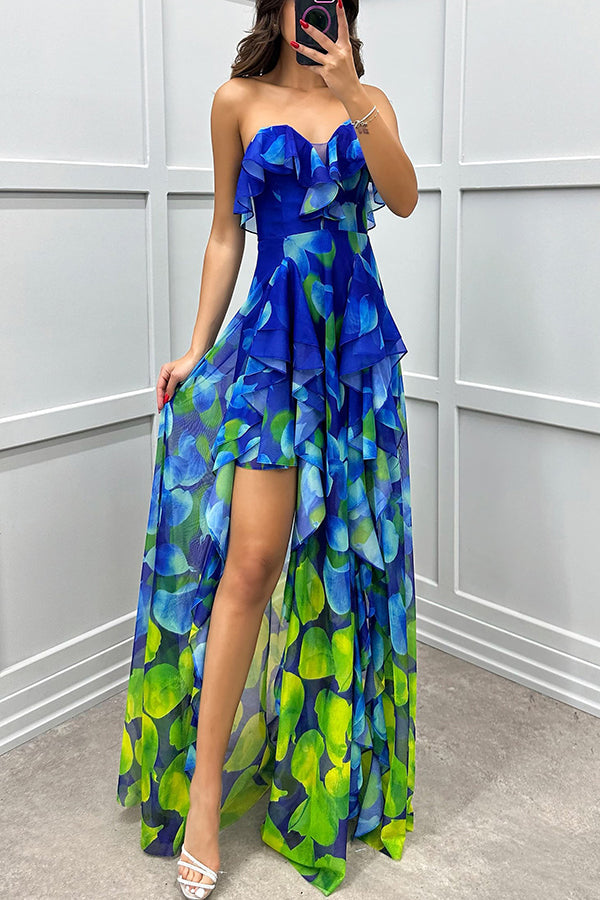 Georgia - Off-the-shoulder maxi dress with color gradient, print, flounces and slit