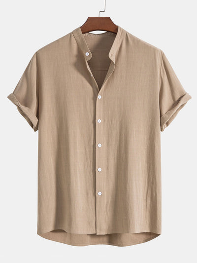 Linen And Rayon Blend Stand Collar Shirt & Linen Cotton Blend Drawstring Shorts
