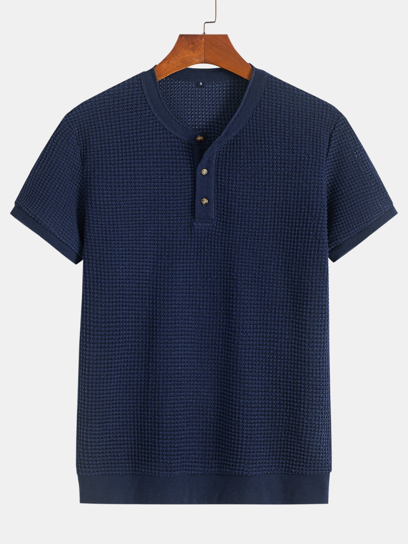 Henley Neck Textured Ribbed Hem T-Shirt