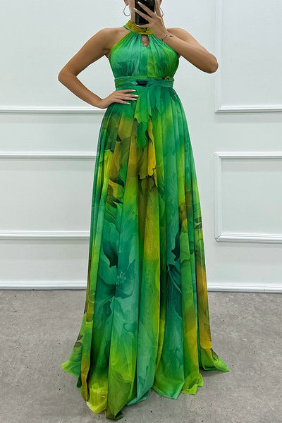 Elaine - Tulle maxi dress with floral print, cut-outs and halterneck