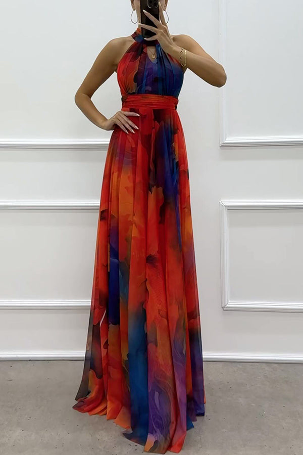 Elaine - Tulle maxi dress with floral print, cut-outs and halterneck
