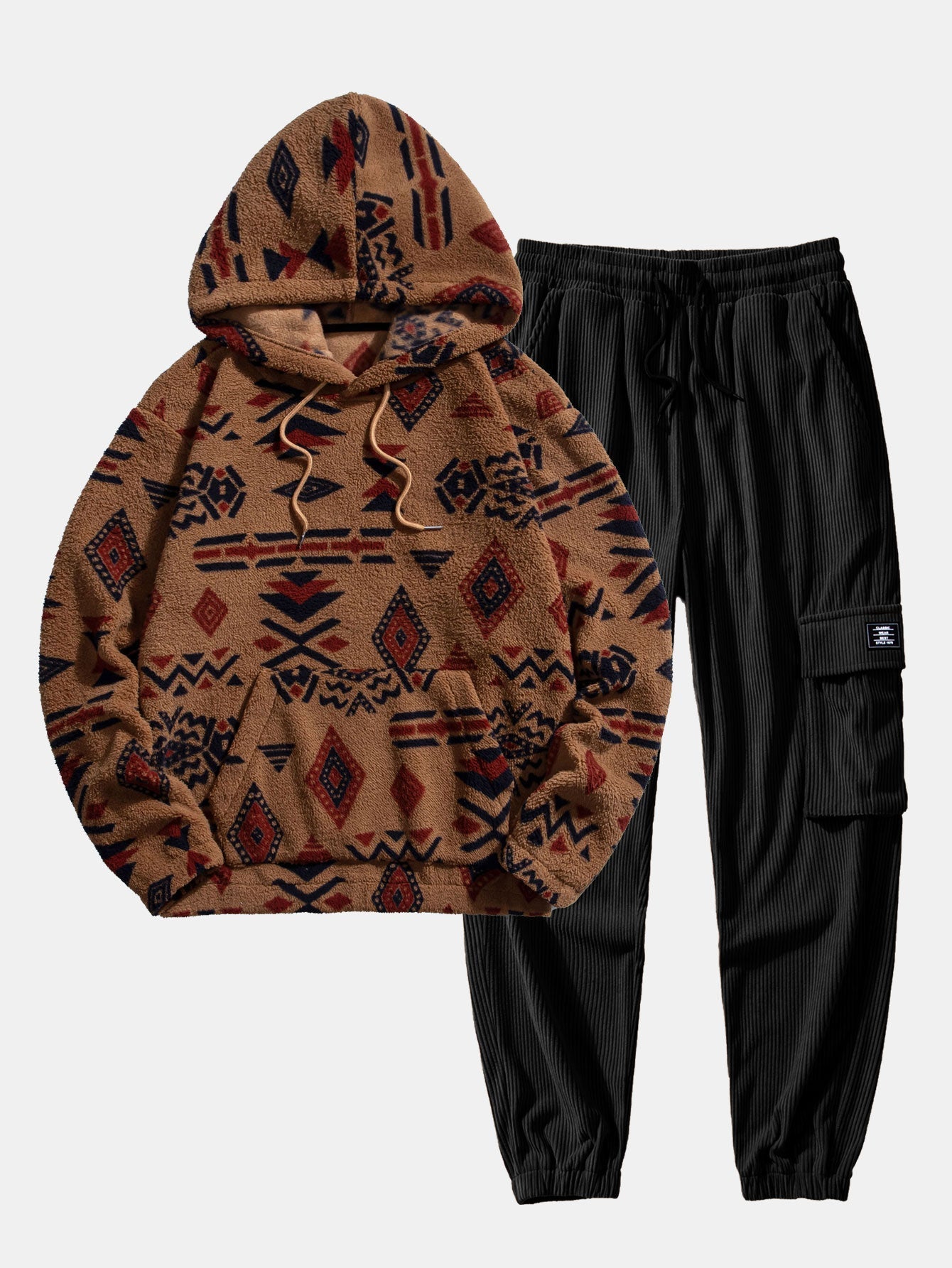 Aztec Print Teddy Hoodie & Drawstring Corduroy Cargo Jogger Pants