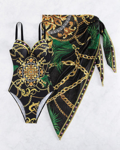 Darius - Maillot de bain une pièce push-up avec détails de chaîne décoratifs et jupe de plage