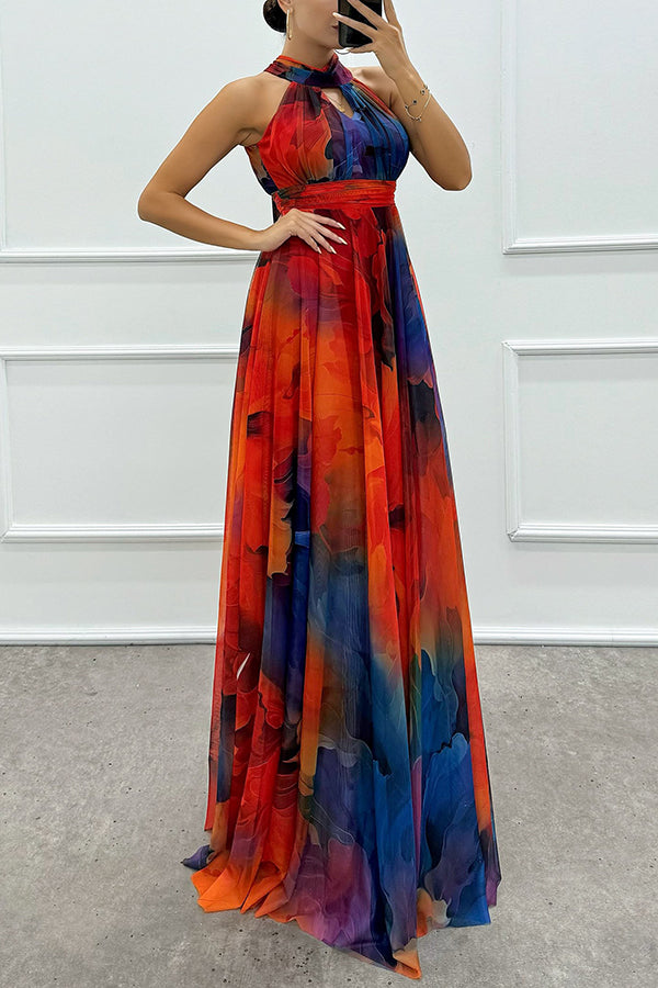 Elaine - Tulle maxi dress with floral print, cut-outs and halterneck