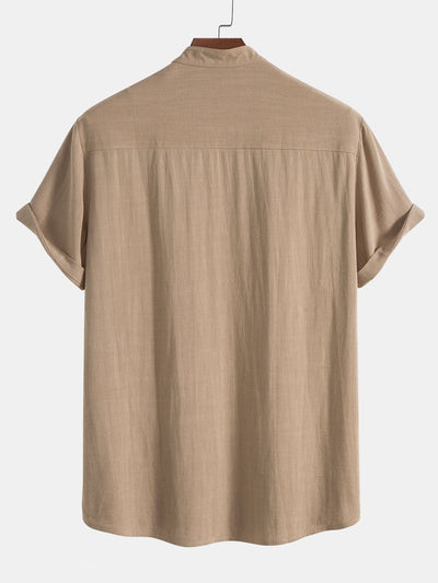 Linen And Rayon Blend Stand Collar Shirt & Linen Cotton Blend Drawstring Shorts
