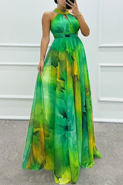 Elaine - Tulle maxi dress with floral print, cut-outs and halterneck