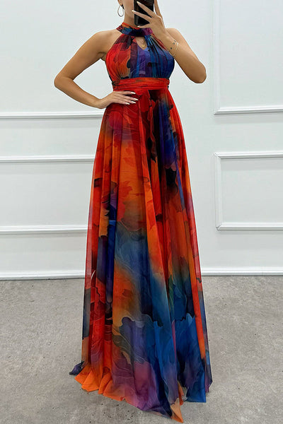 Elaine - Tulle maxi dress with floral print, cut-outs and halterneck