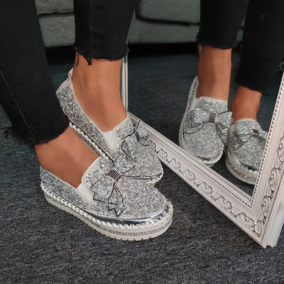 Chaussures décontractées à strass brillants et à semelle épaisse pour femmes