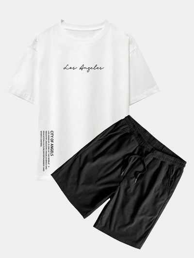Los Angeles Print Drop Shoulder Oversize T-Shirt & Corduroy Drawstring Shorts