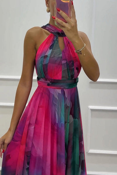 Elaine - Tulle maxi dress with floral print, cut-outs and halterneck