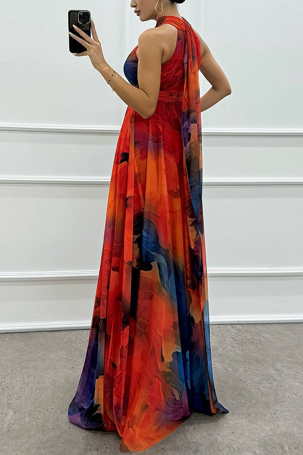 Elaine - Tulle maxi dress with floral print, cut-outs and halterneck