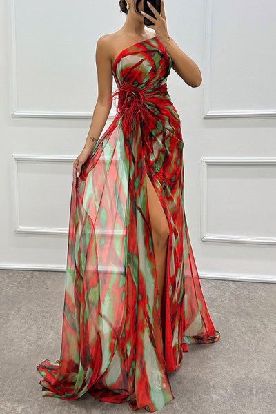 Claudia - Off-the-shoulder maxi dress with watercolor print, feather roses & slit