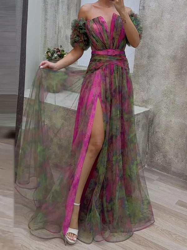 Adele - Tulle avondjurk met V-hals en doorschijnende details