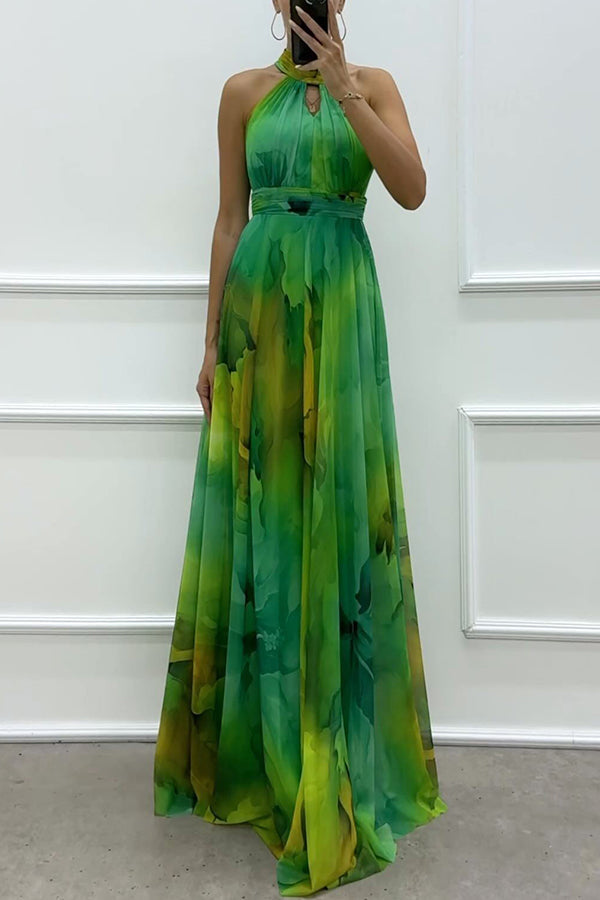 Elaine - Tulle maxi dress with floral print, cut-outs and halterneck