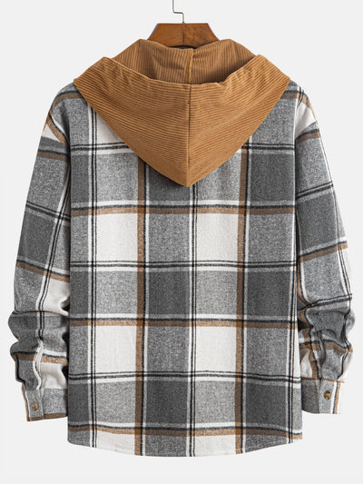 Relax Fit Contrast Corduroy Plaid Hooded Shirt & Drawstring Corduroy Cargo Jogger Pants