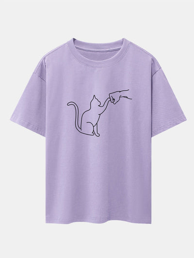 Fist Bump Cat Print Drop Shoulder Oversize T-Shirt