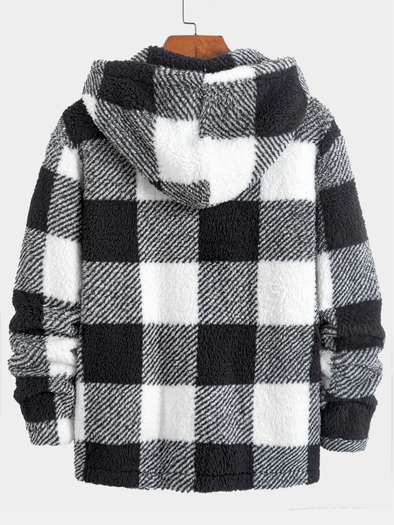 Plaid Teddy Fleece Button Up Hooded Coat