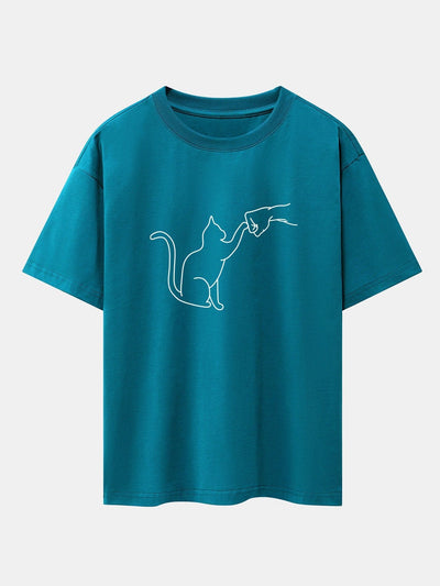 Fist Bump Cat Print Drop Shoulder Oversize T-Shirt