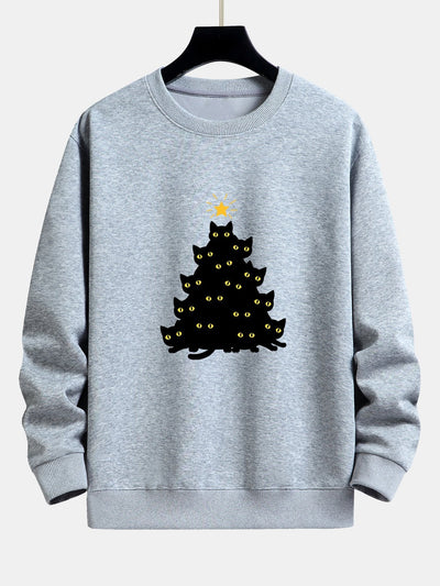Black Cat Christmas Tree Print Relax Fit Sweatshirt