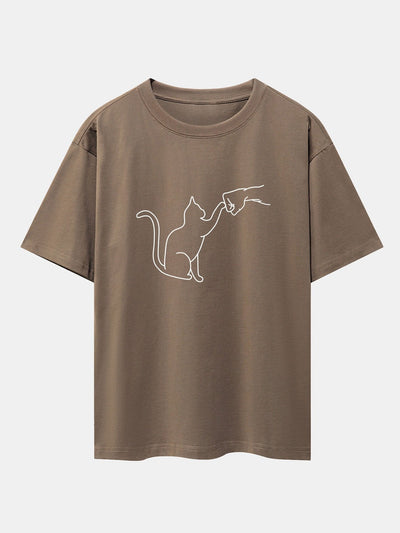 Fist Bump Cat Print Drop Shoulder Oversize T-Shirt