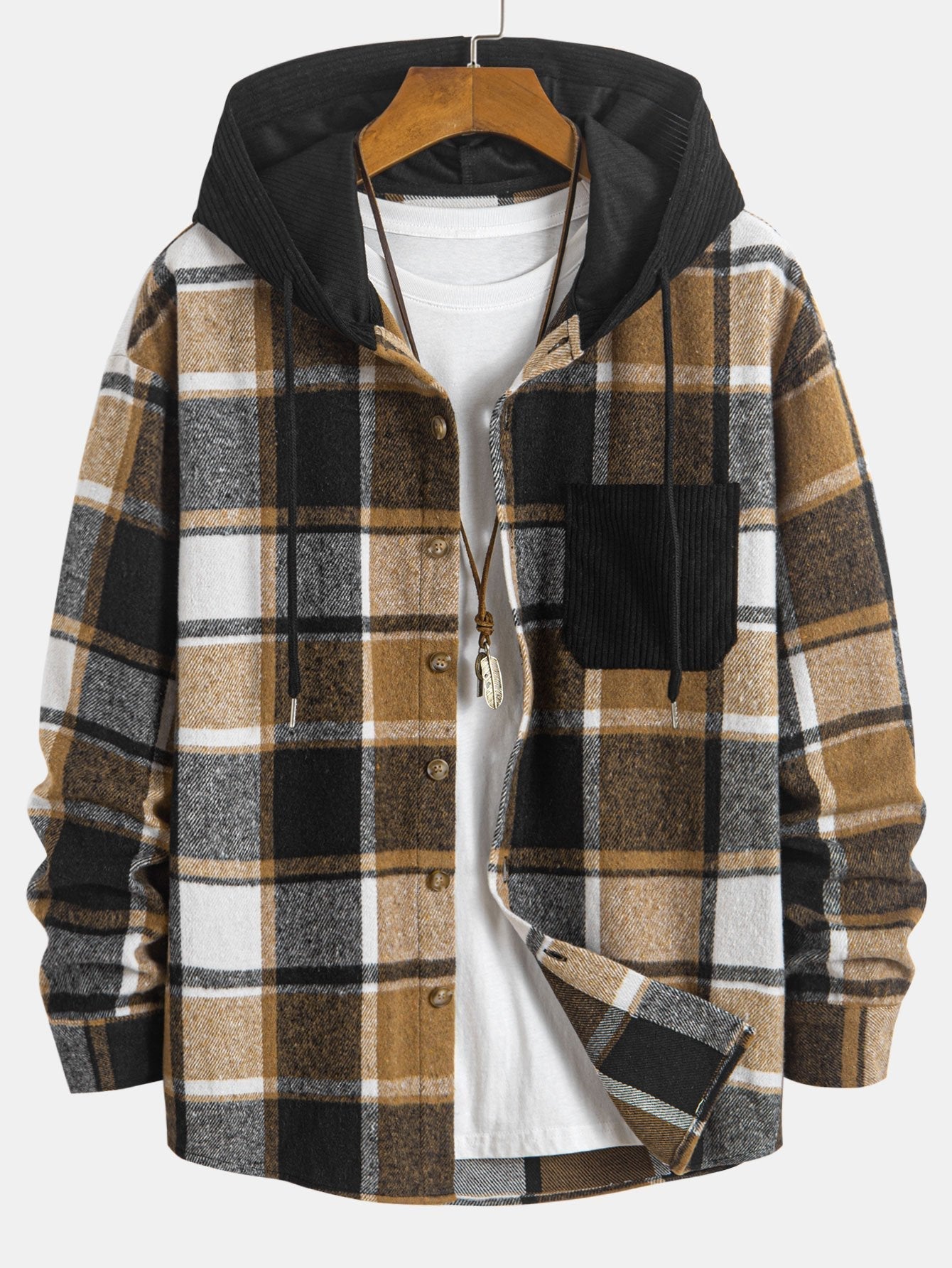 Relax Fit Corduroy Plaid Hooded Shirt & Drawstring Corduroy Cargo Jogger Pants
