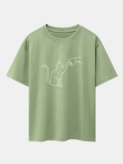Fist Bump Cat Print Drop Shoulder Oversize T-Shirt