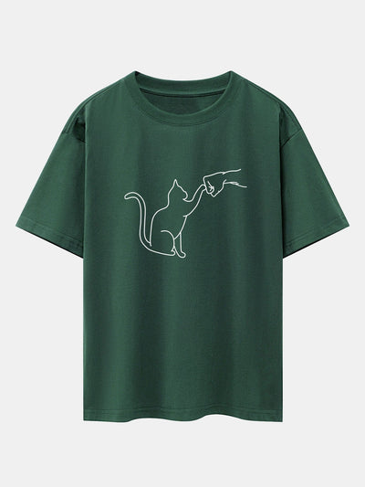 Fist Bump Cat Print Drop Shoulder Oversize T-Shirt