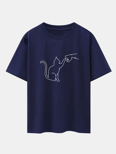 Fist Bump Cat Print Drop Shoulder Oversize T-Shirt