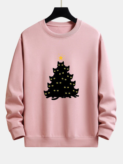 Black Cat Christmas Tree Print Relax Fit Sweatshirt