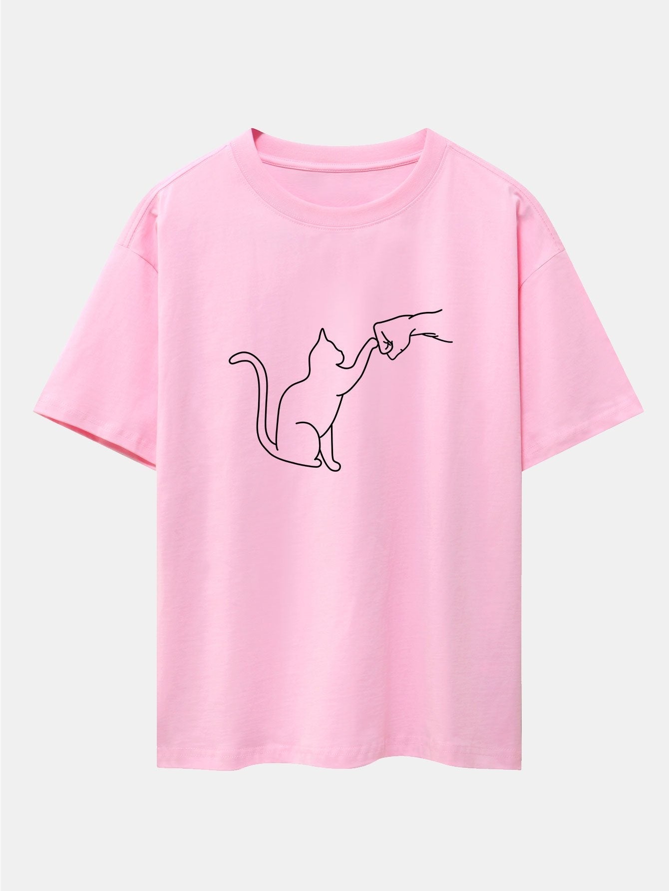 Fist Bump Cat Print Drop Shoulder Oversize T-Shirt