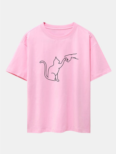 Fist Bump Cat Print Drop Shoulder Oversize T-Shirt