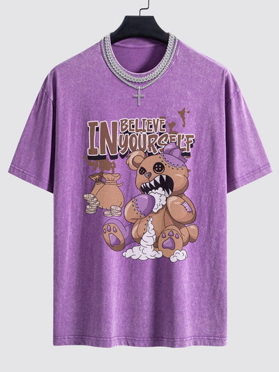 Violent Bear Slogan Print Washed Drop Shoulder Oversize T-Shirt