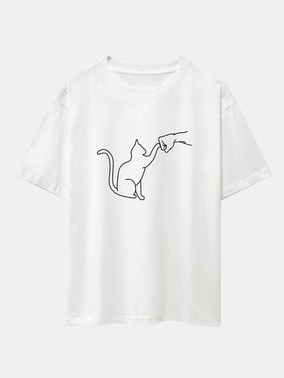 Fist Bump Cat Print Drop Shoulder Oversize T-Shirt