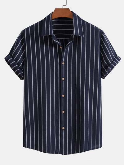 Cotton Blend Striped Button Up Shirt & Straight Leg Linen Pants