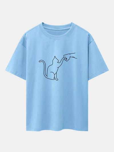 Fist Bump Cat Print Drop Shoulder Oversize T-Shirt