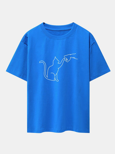 Fist Bump Cat Print Drop Shoulder Oversize T-Shirt