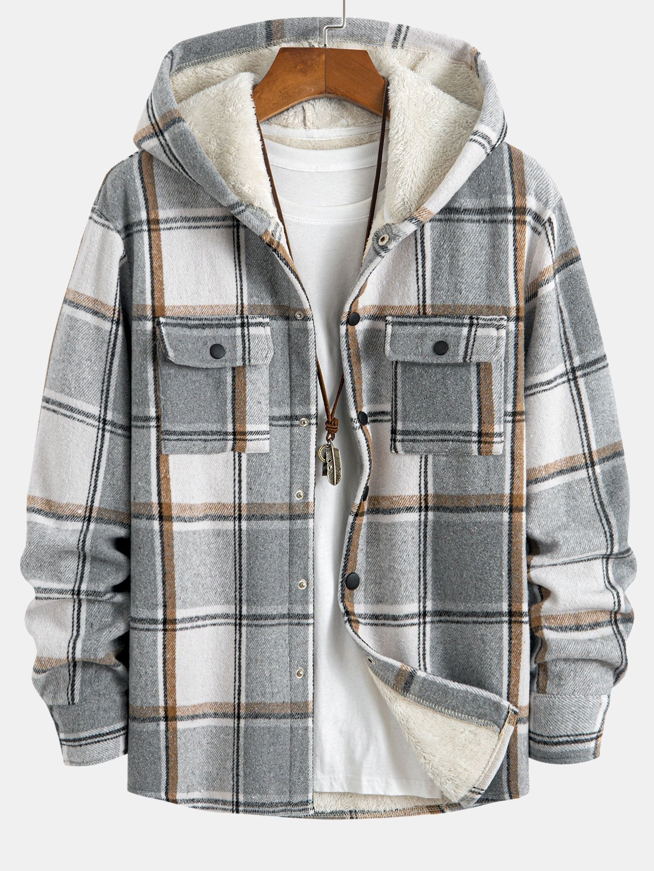 Fleece Lined Plaid Hooded  Overshirt