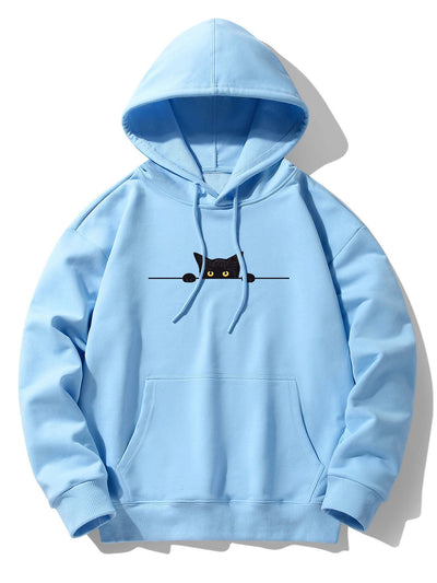 Black Cat Print Drop Shoulder Relaxed Hoodie
