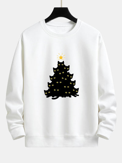 Black Cat Christmas Tree Print Relax Fit Sweatshirt