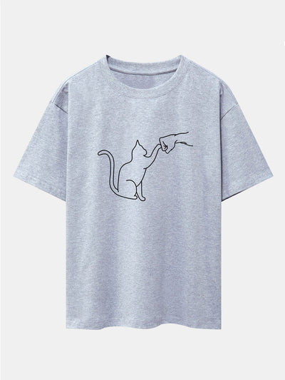 Fist Bump Cat Print Drop Shoulder Oversize T-Shirt