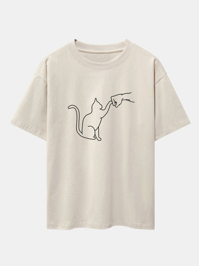 Fist Bump Cat Print Drop Shoulder Oversize T-Shirt