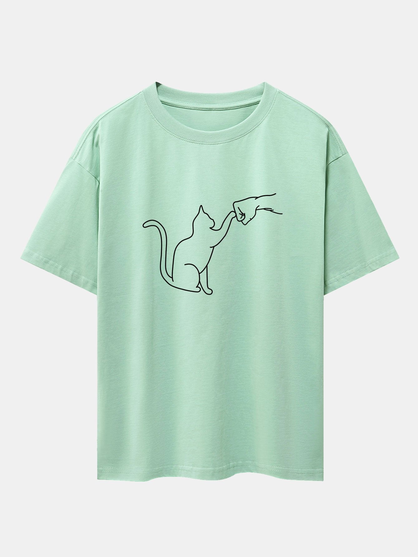 Fist Bump Cat Print Drop Shoulder Oversize T-Shirt