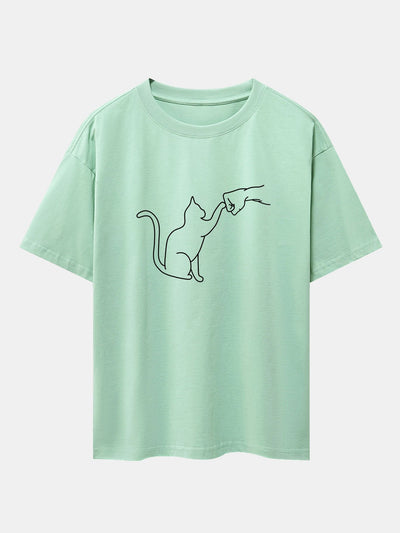 Fist Bump Cat Print Drop Shoulder Oversize T-Shirt