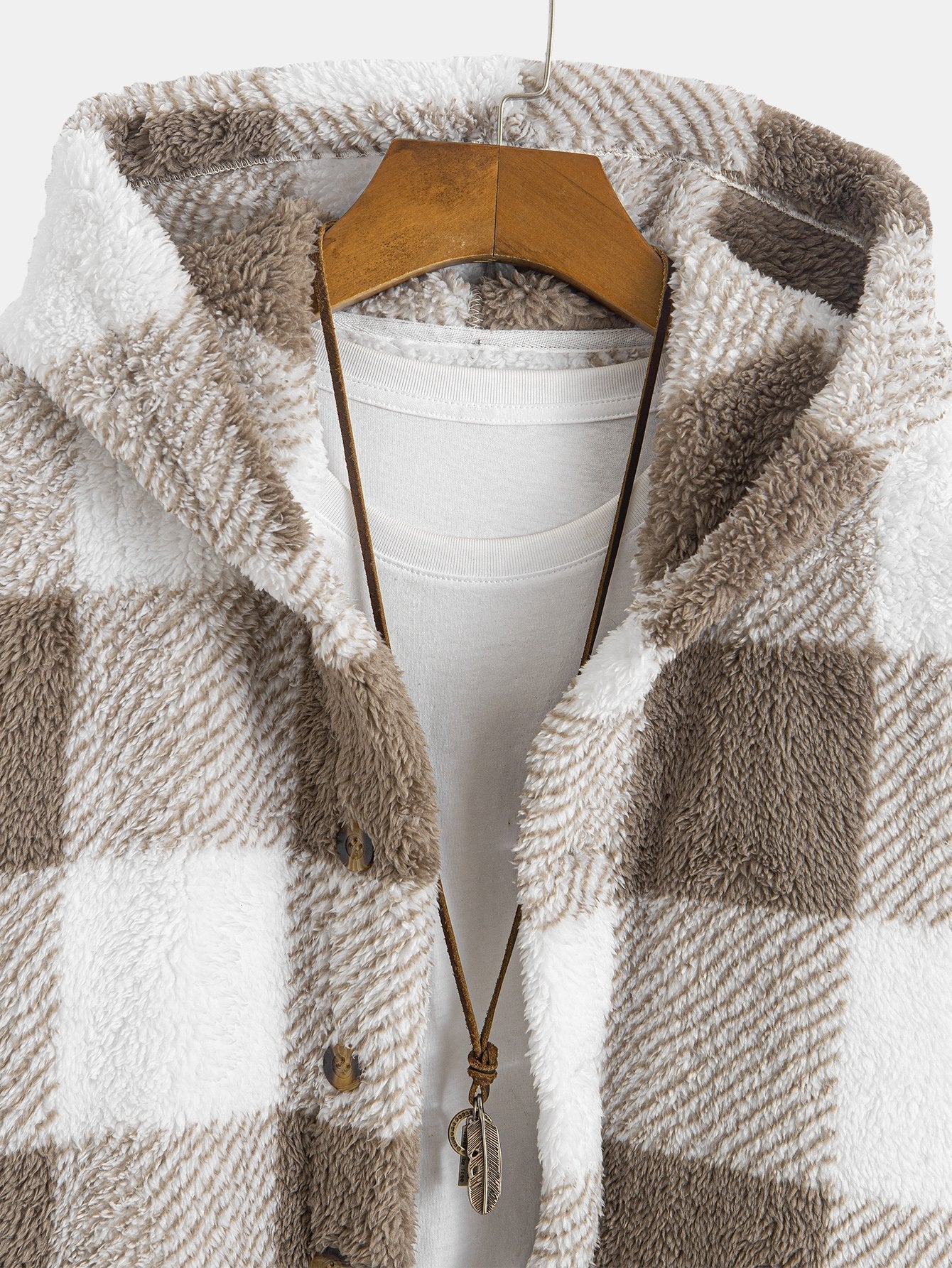 Plaid Teddy Fleece Button Up Hooded Coat