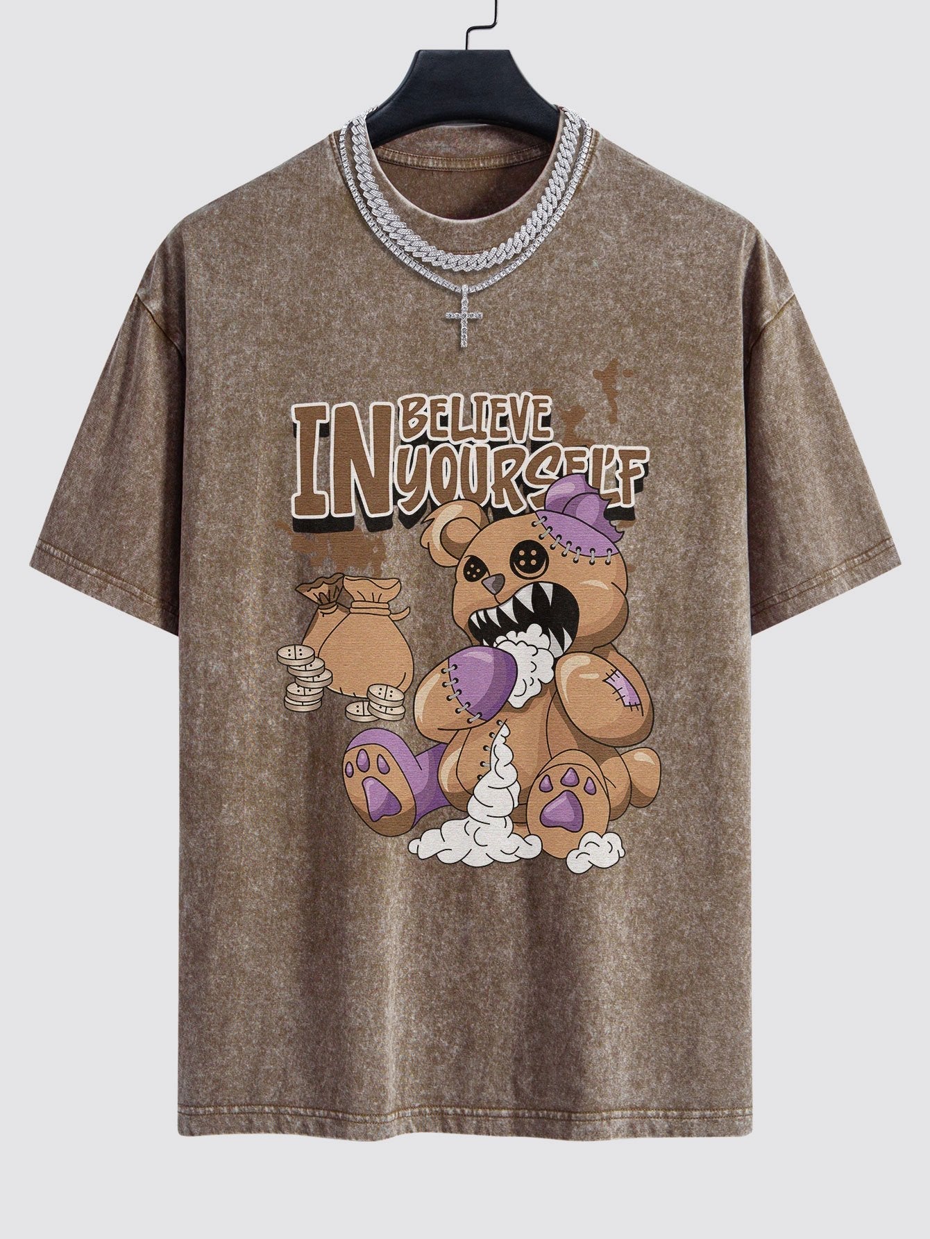 Violent Bear Slogan Print Washed Drop Shoulder Oversize T-Shirt